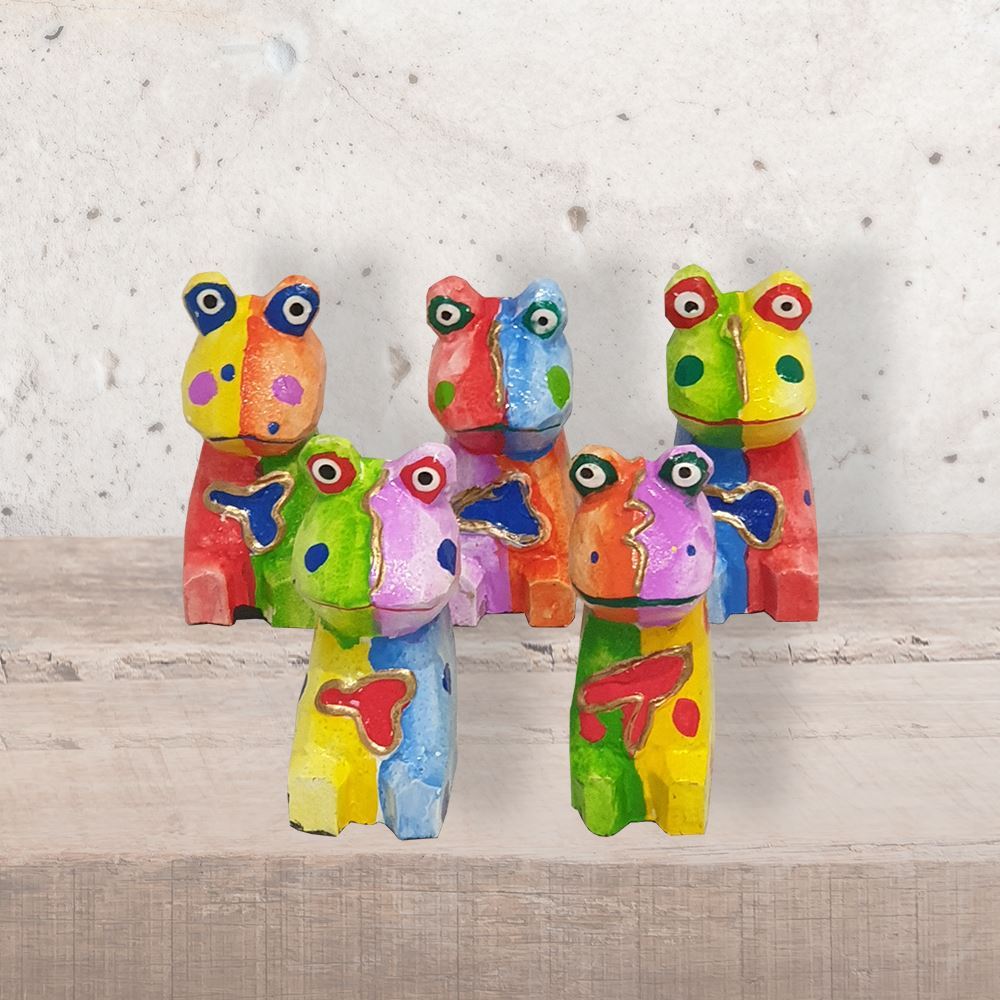 Abstract Frog Carving, Painted - Set of 5, 10 cm