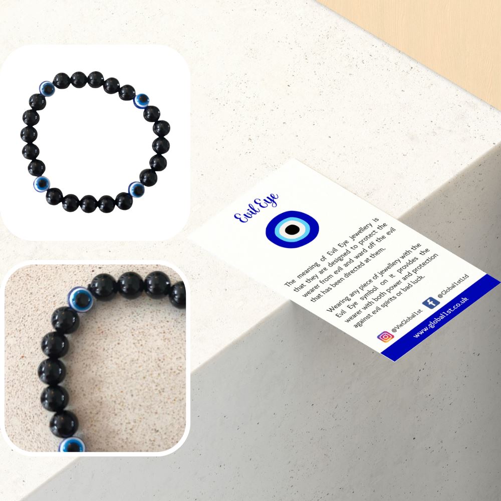 Evil Eye Beaded Stretch Bracelet, Black Obsidian