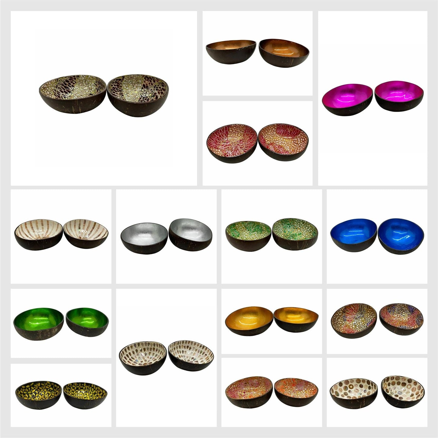 Hand-Painted Coconut Bowls, Lacquered, Set of 2