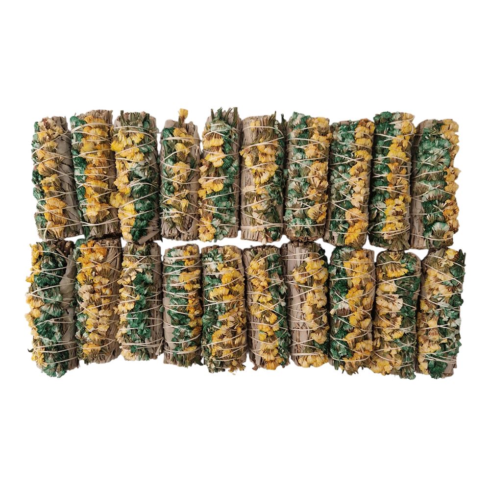 Smudge Stick, White Sage, Green and Yellow Sinuata 4", Pack of 20