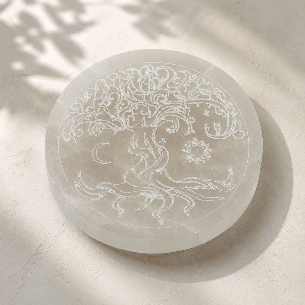 Selenite Charging Plate, Round, Tree of Life, 8cm