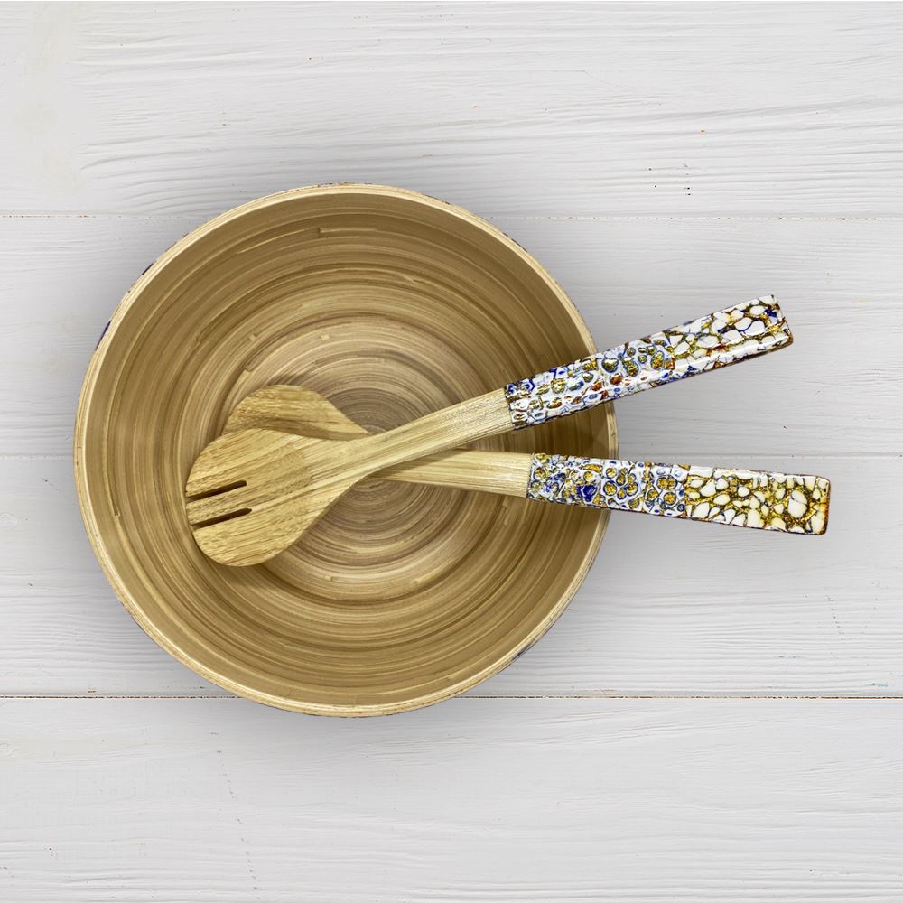 Bamboo Salad Bowl, 23x10cm, Crackled Blue, with Matching Salad Servers