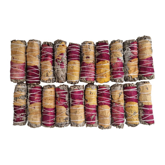 Smudge Stick, White Sage, Red and Yellow Rose Petals 4", Pack of 20