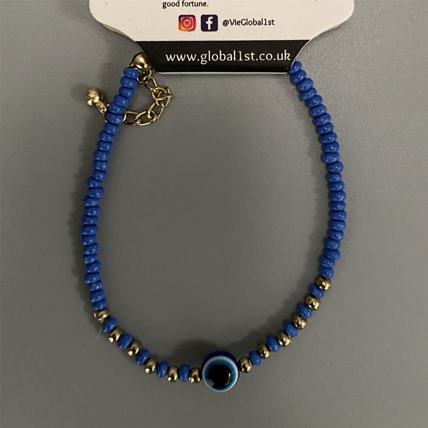 Evil Eye Bracelet with 6 Gold Beads Each Side, (JIT)
