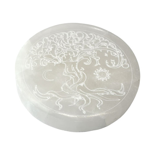 Selenite Charging Plate, Round, Tree of Life, 8cm