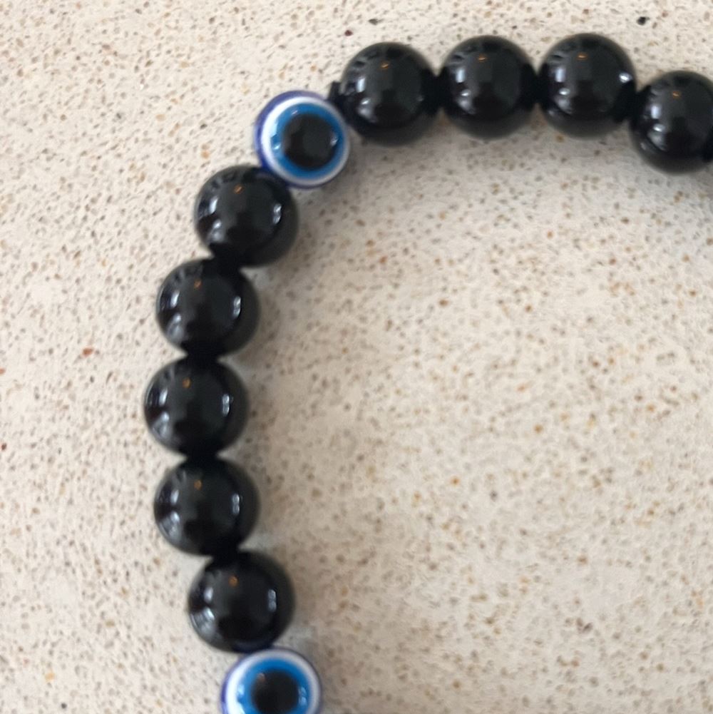 Evil Eye Beaded Stretch Bracelet, Black Obsidian