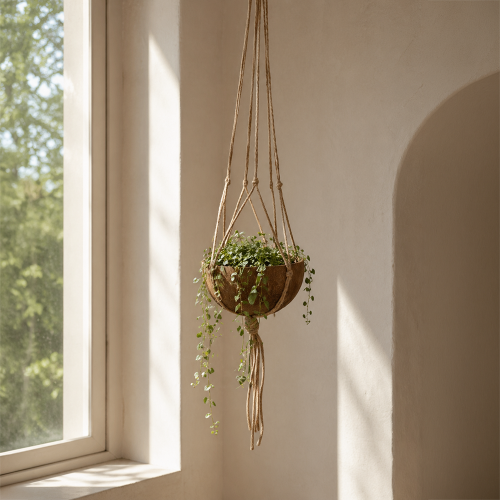 Coconut Shell Pot Holder with Macrame Jute Rope, 15x90cm