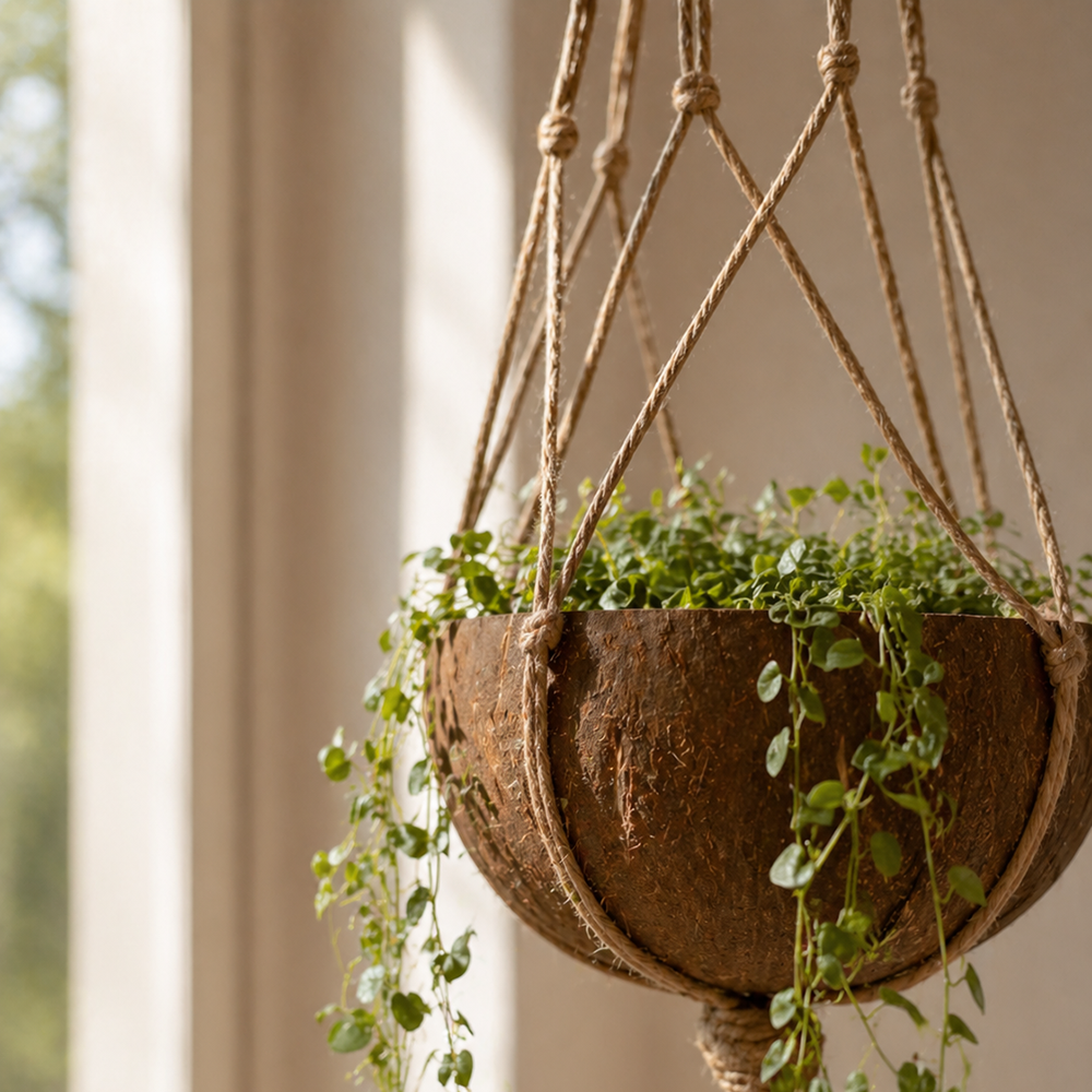 Coconut Shell Pot Holder with Macrame Jute Rope, 15x90cm
