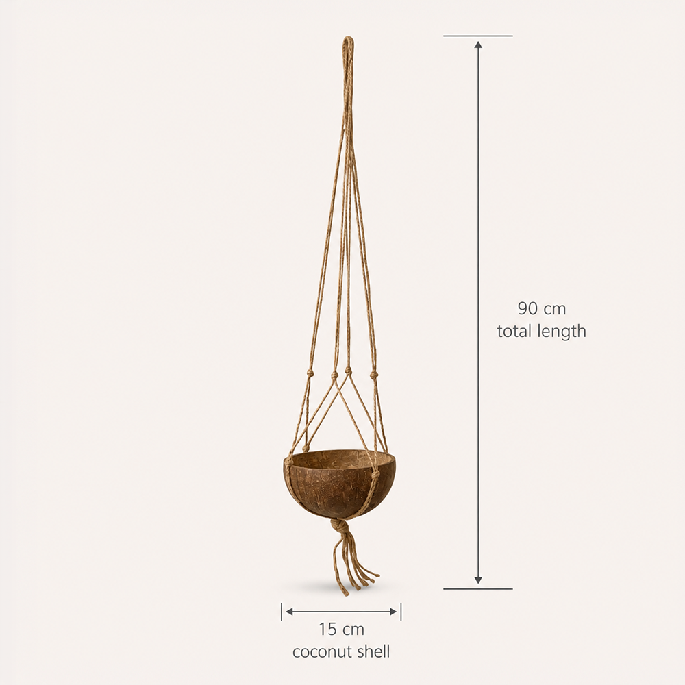 Coconut Shell Pot Holder with Macrame Jute Rope, 15x90cm