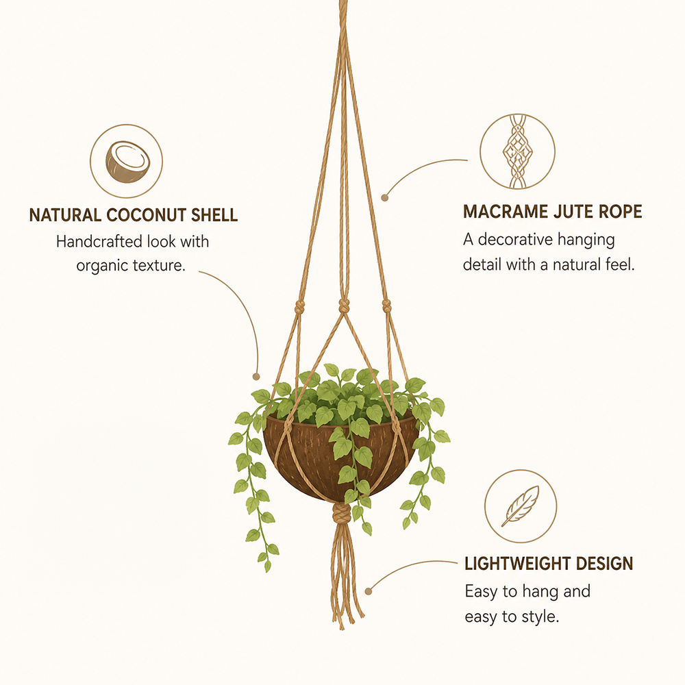 Coconut Shell Pot Holder with Macrame Jute Rope, 15x90cm