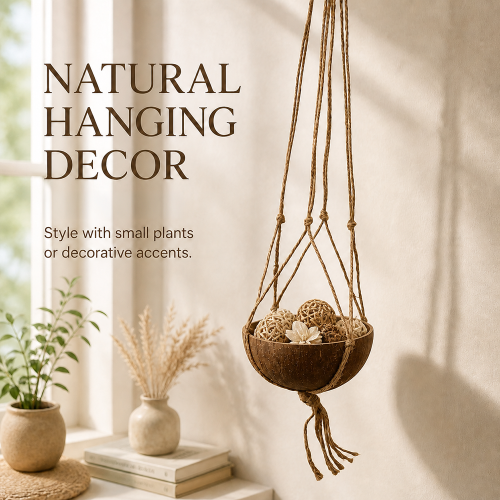 Coconut Shell Pot Holder with Macrame Jute Rope, 15x90cm