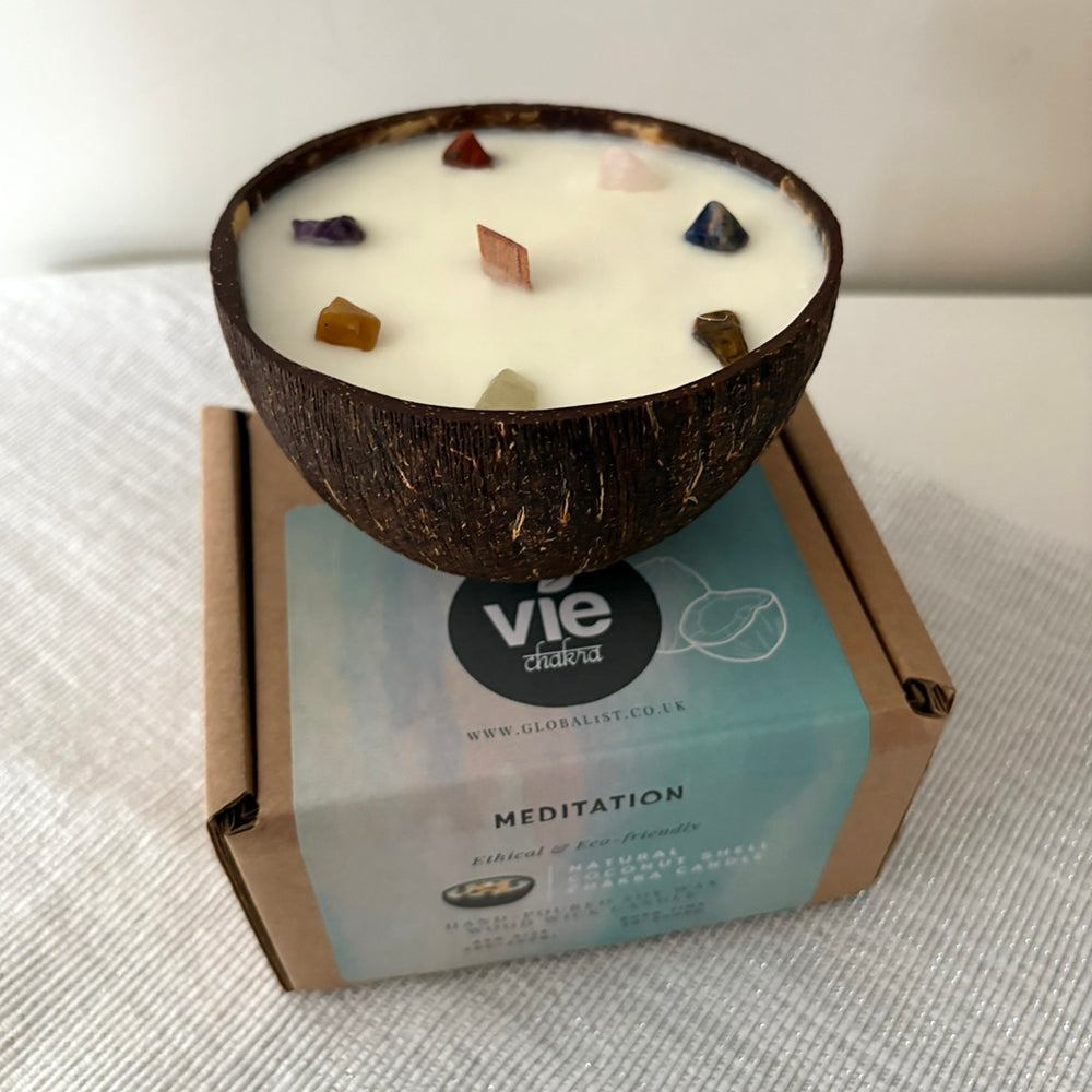 Coconut Shell Candle, Meditation with 7 Chakra Gemstones