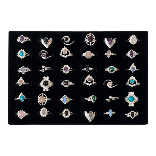 36 Adjustable Silver-Plated Rings with Gemstones, Assorted Designs, Foam Display Tray