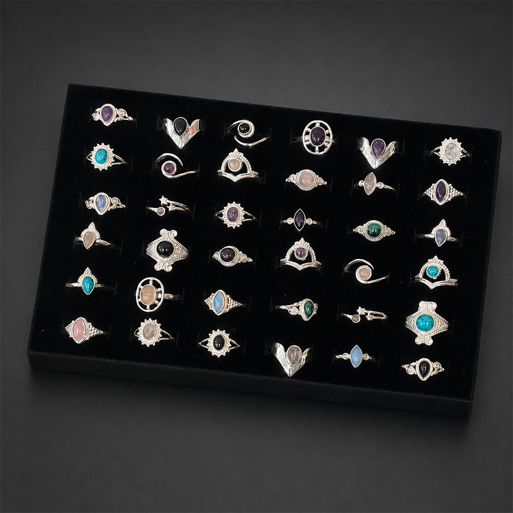 36 Adjustable Silver-Plated Rings with Gemstones, Assorted Designs, Foam Display Tray