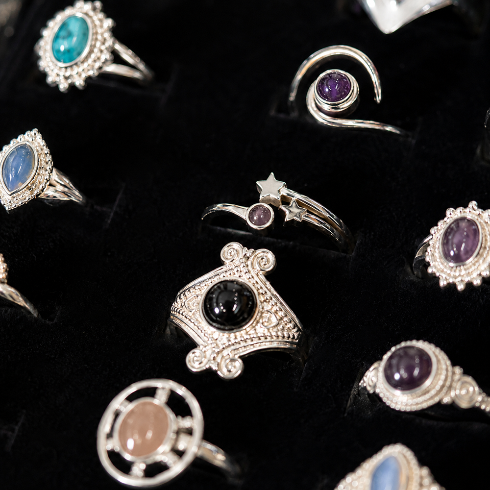 36 Adjustable Silver-Plated Rings with Gemstones, Assorted Designs, Foam Display Tray