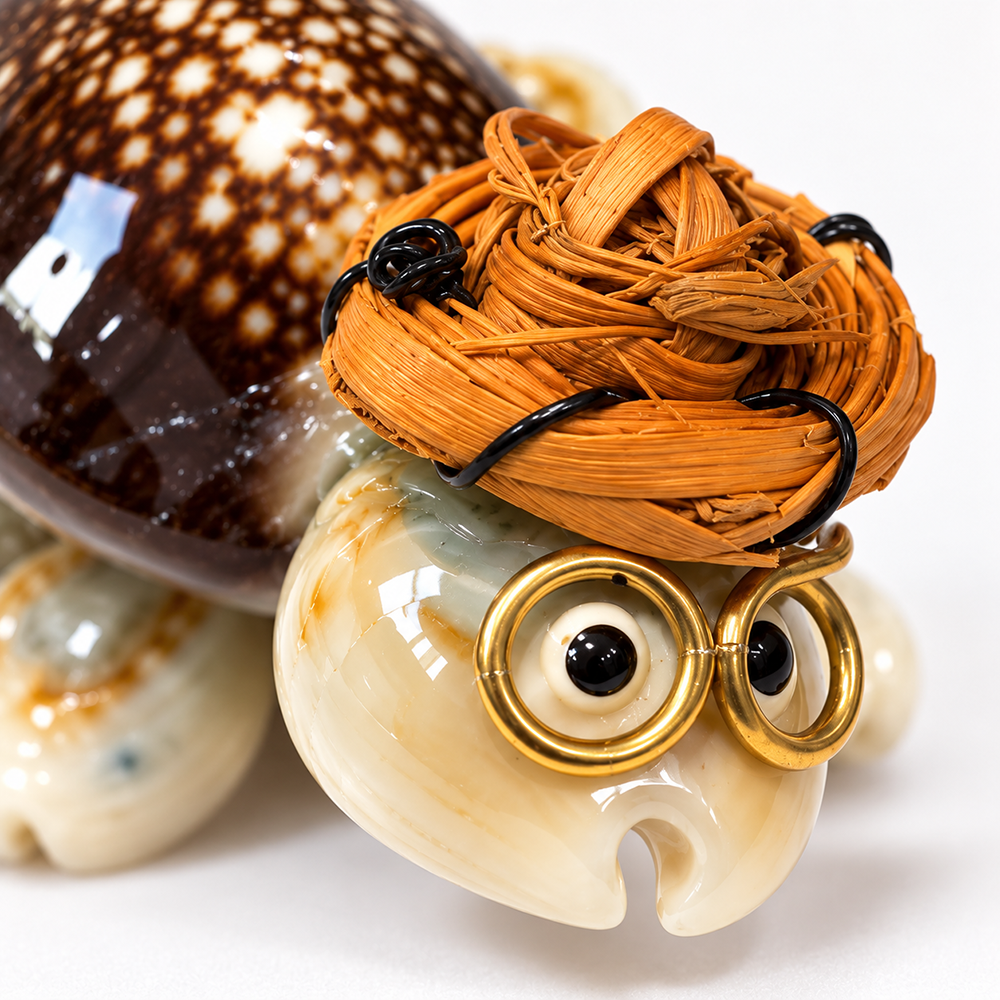 Handmade Miniature Seashell Turtles with Straw Hats & Glasses, 2-3cm, Assorted, Set of 5