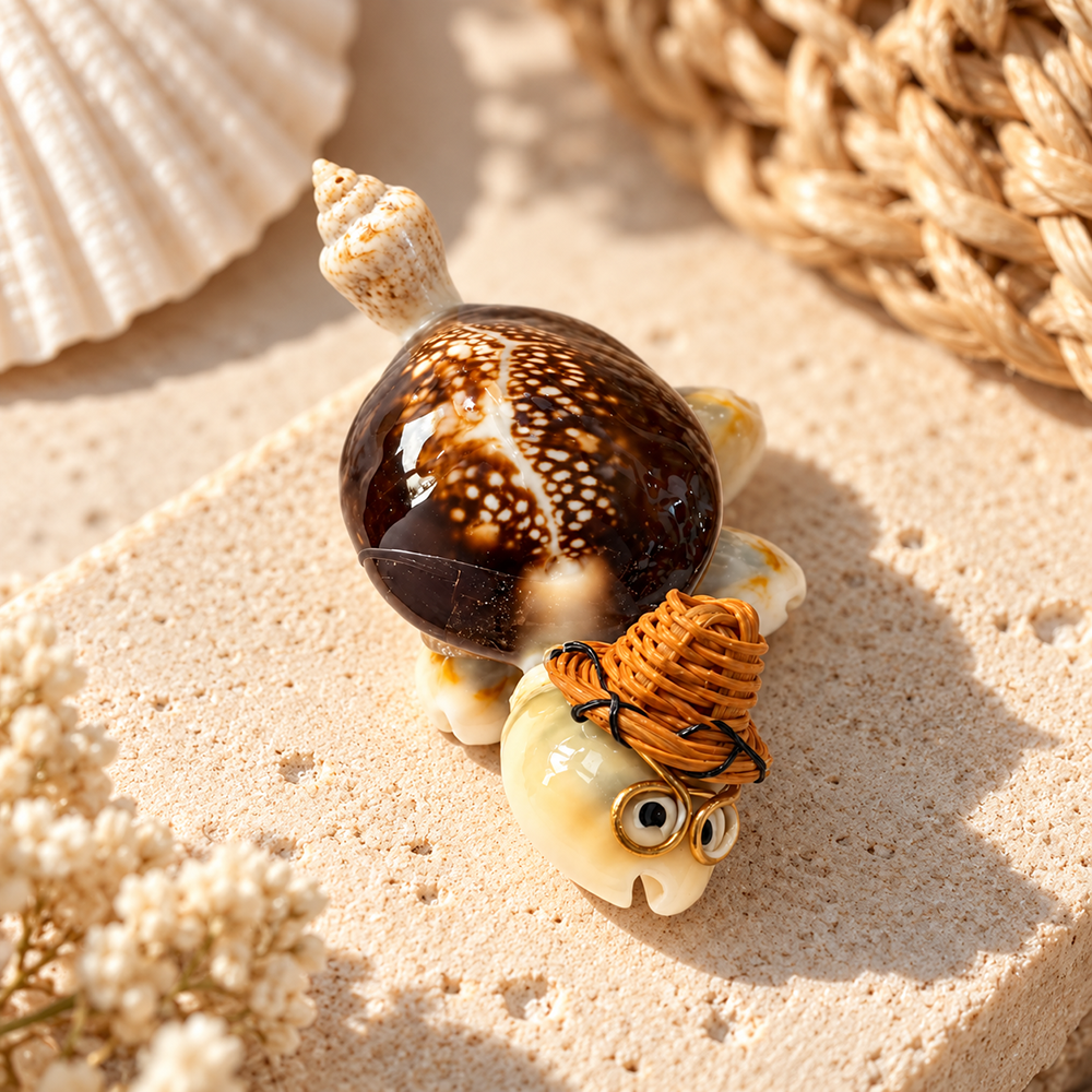 Handmade Miniature Seashell Turtles with Straw Hats & Glasses, 2-3cm, Assorted, Single