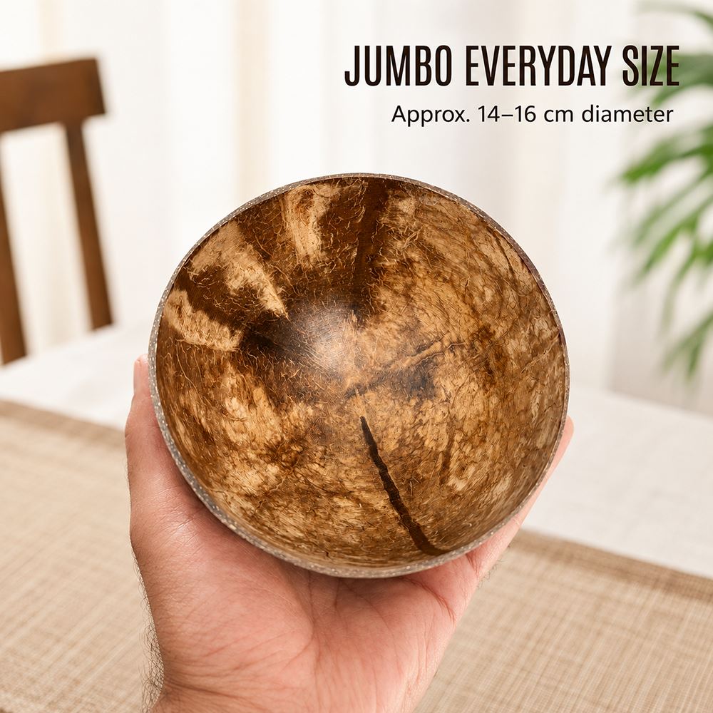 Natural Coconut Shell Bowls, Food-Safe Lacquered Interior Jumbo 14-16cm