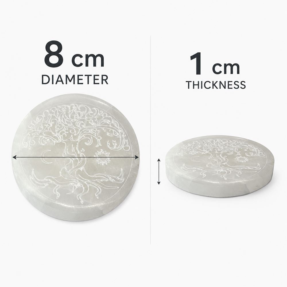 Selenite Charging Plate, Round, Tree of Life, 8cm