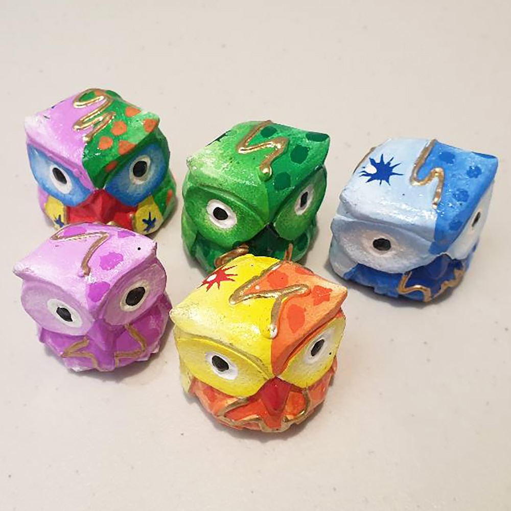 Abstract Owl Carving, Painted - Set of 5, 10 cm