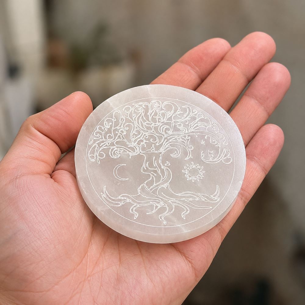 Selenite Charging Plate, Round, Tree of Life, 8cm