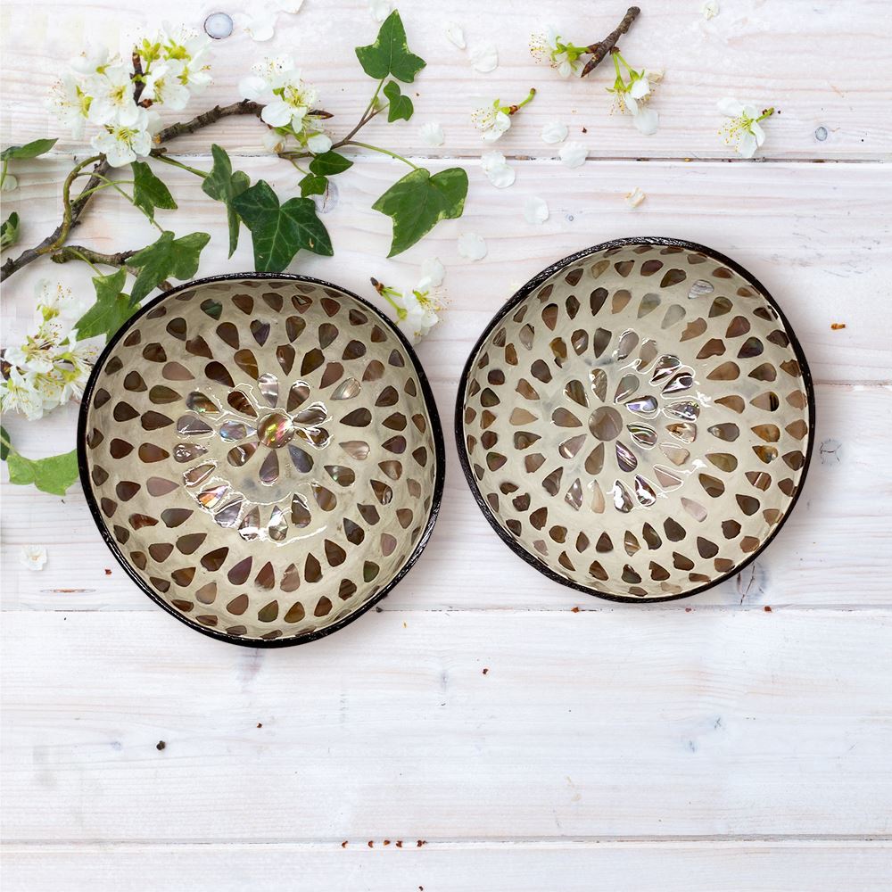 Hand-Painted Coconut Bowls, Lacquered, Set of 2