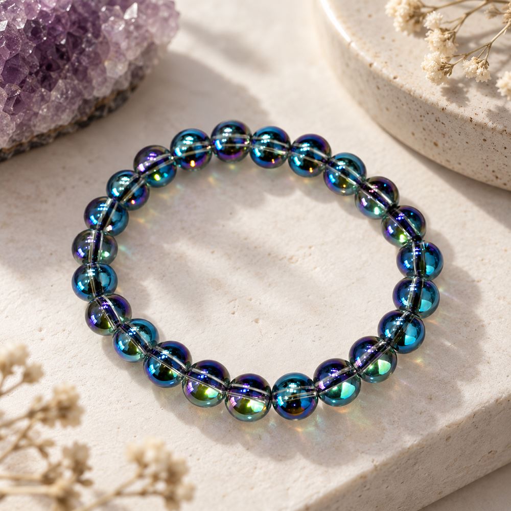 Crystal Bracelet, 8mm, Rainbow Aura Quartz