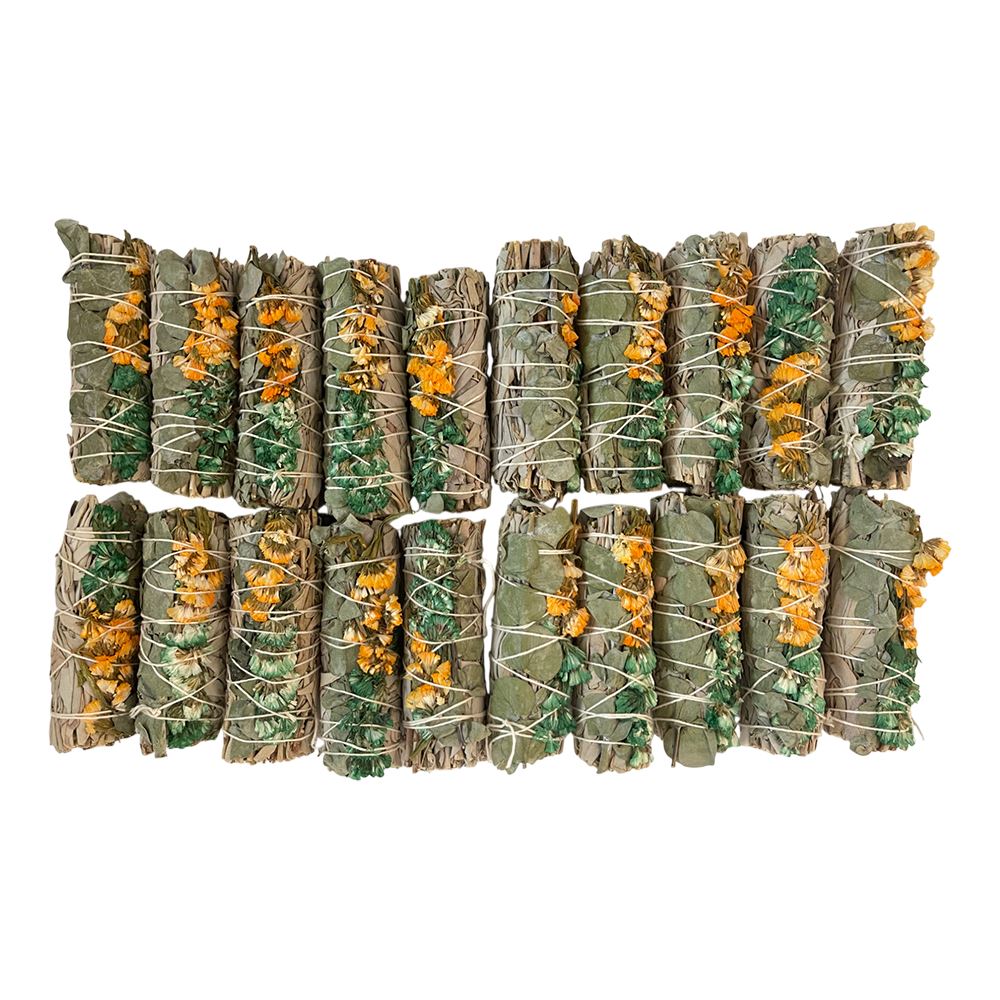 Smudge Stick, White Sage, Orange, Green Sinuata and Eucalyptus 4", Pack of 20