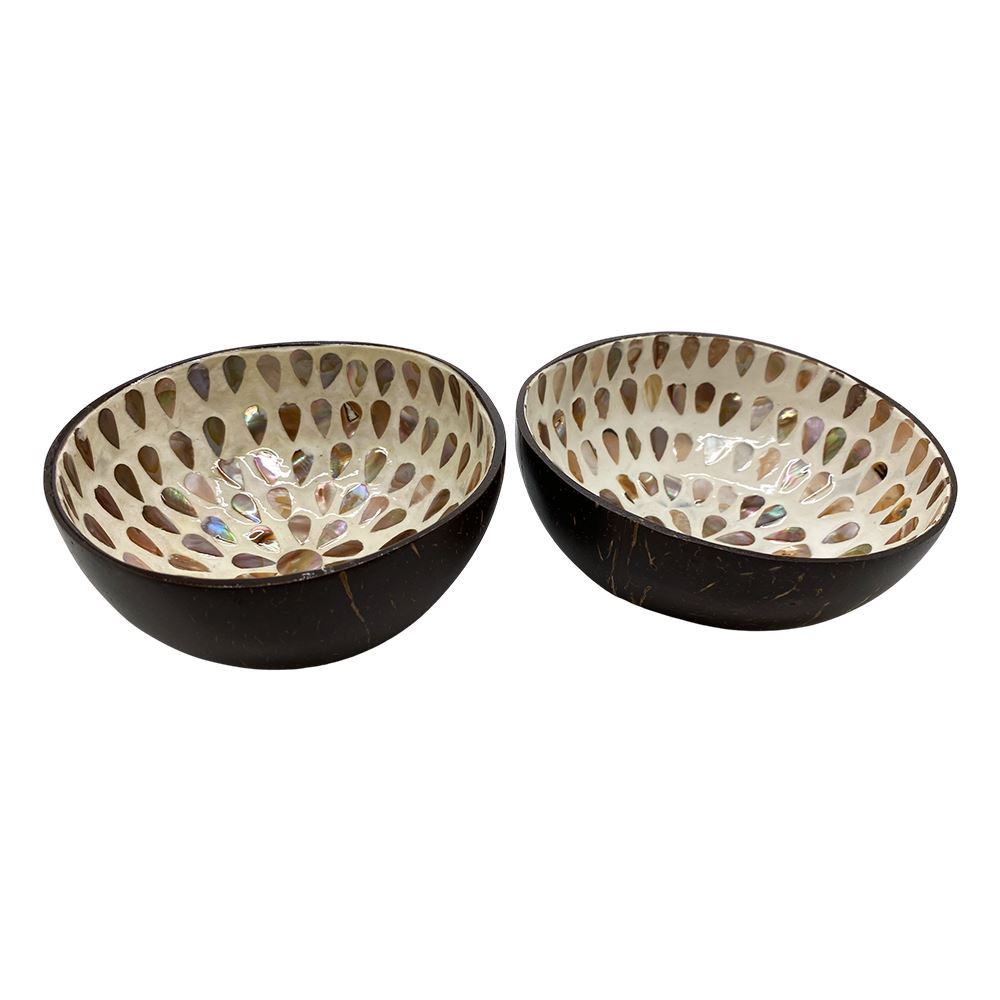 Hand-Painted Coconut Bowls, Lacquered, Set of 2