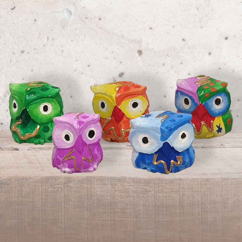 Abstract Owl Carving, Painted - Set of 5, 10 cm