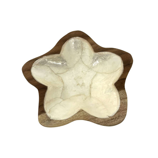 Flower Trinket Dish, Teak Wood with Abalone Inlay, Approx. 10cm