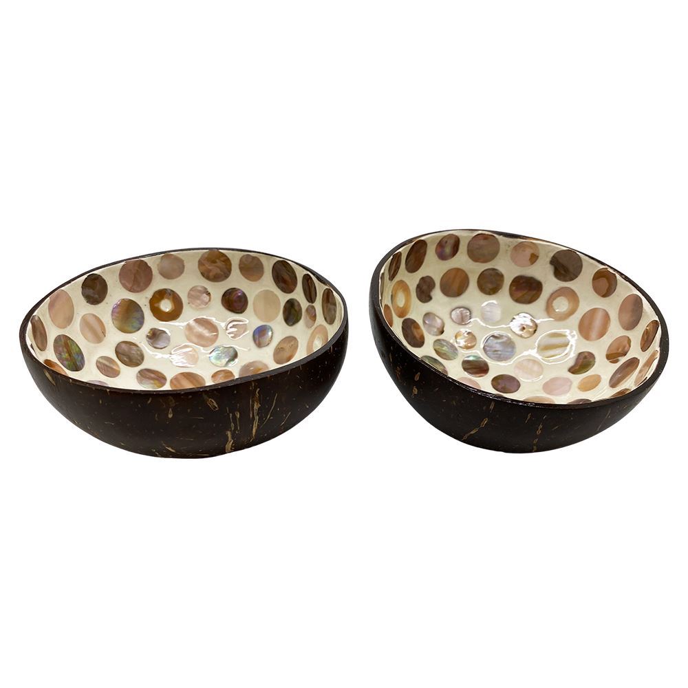 Hand-Painted Coconut Bowls, Lacquered, Set of 2