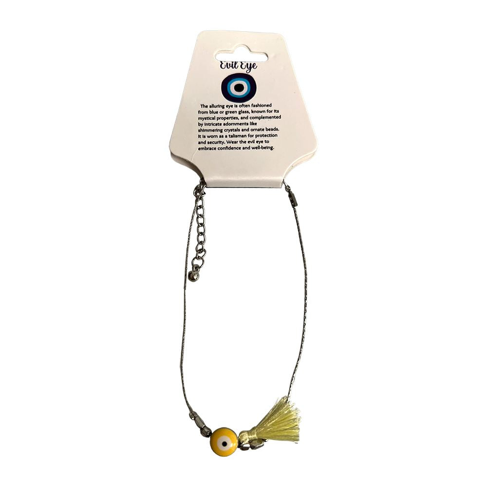 Evil Eye Anklet, Yellow Faux Suede Tassel (JIT)