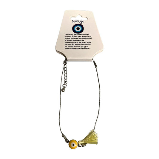 Evil Eye Anklet, Yellow Faux Suede Tassel (JIT)