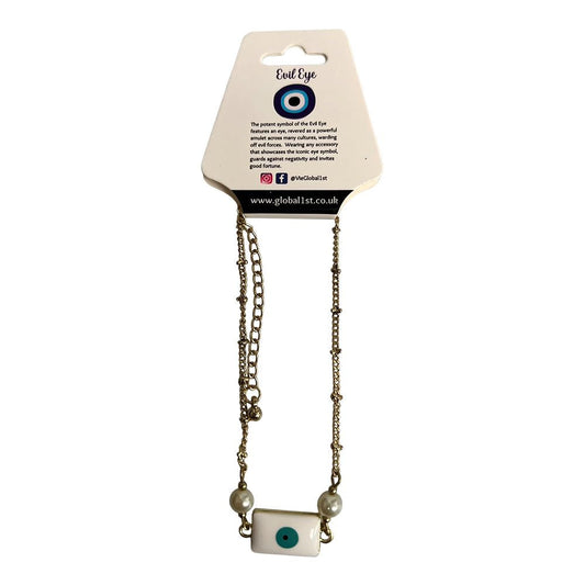 Evil Eye Anklet, White Rectangle with Pearls (JIT)