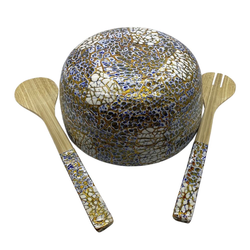Bamboo Salad Bowl, 23x10cm, Crackled Blue, with Matching Salad Servers