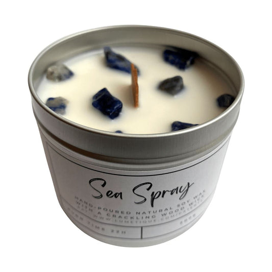 Aluminium Tin Candle, Sea Spray with Sodalite Crystals