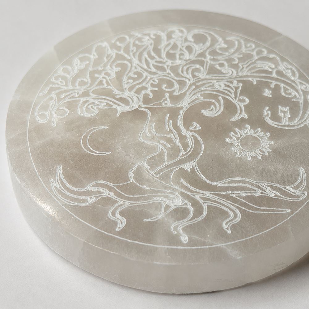 Selenite Charging Plate, Round, Tree of Life, 8cm