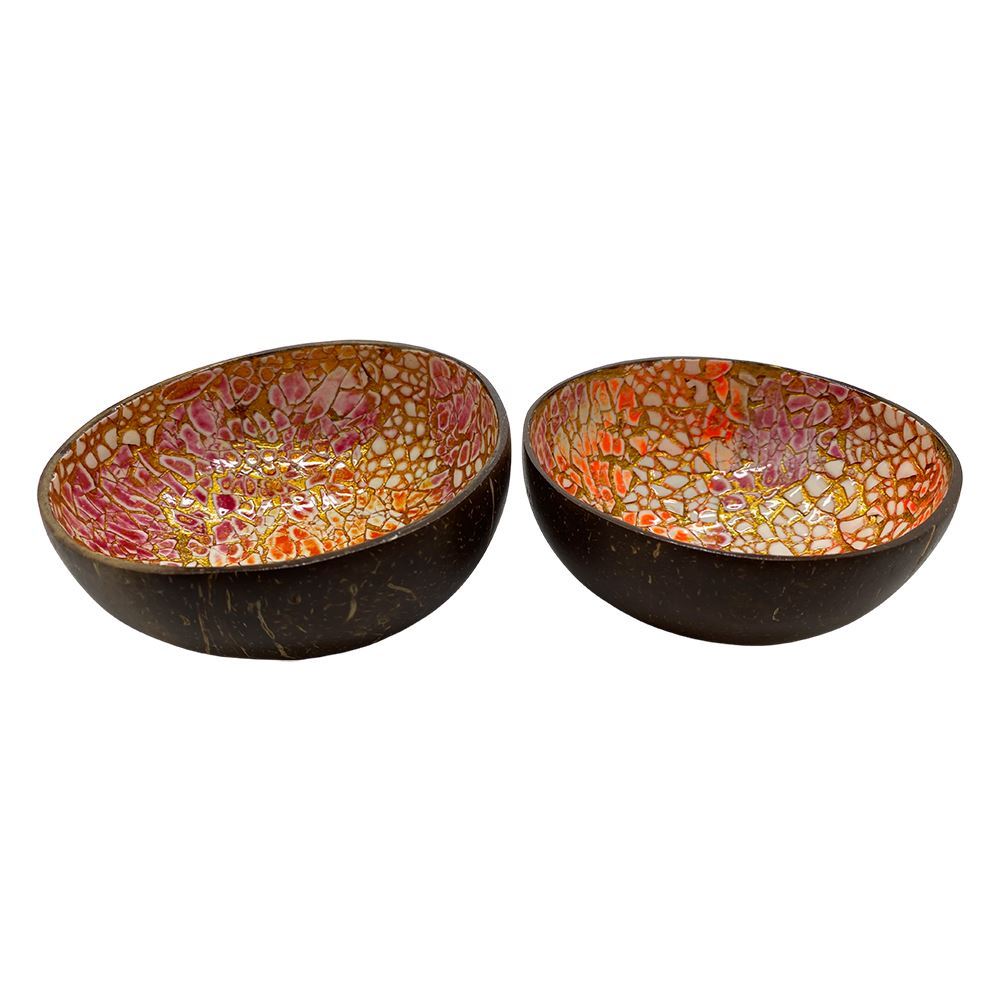 Hand-Painted Coconut Bowls, Lacquered, Set of 2