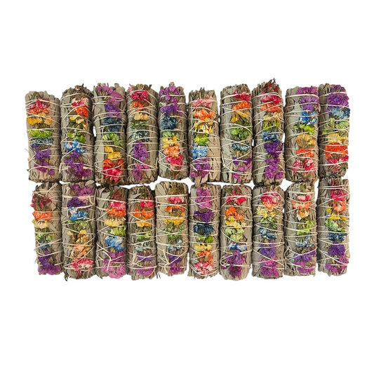 Smudge Stick, White Sage and 7 Chakra Flowers 4", Pack of 20