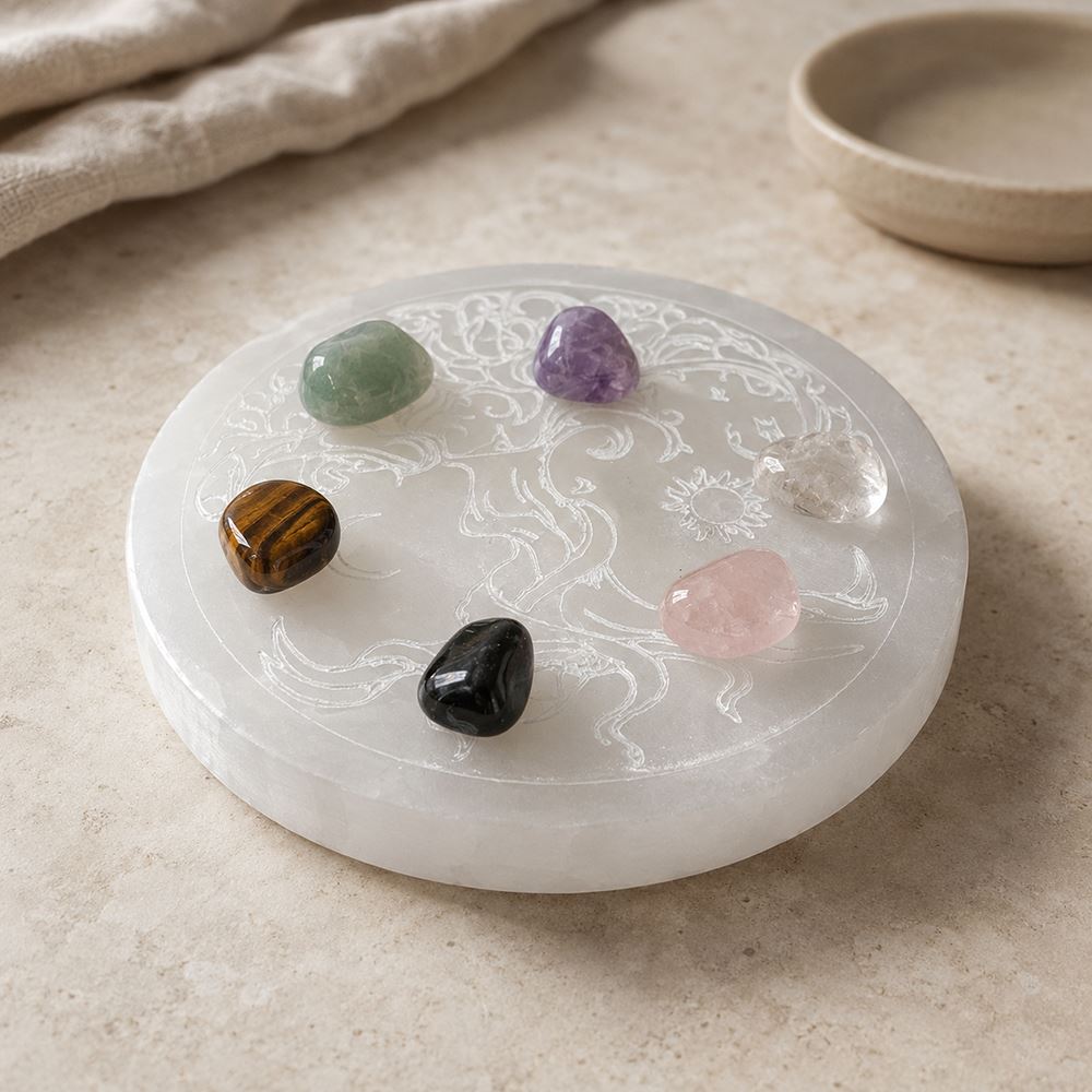 Selenite Charging Plate, Round, Tree of Life, 8cm